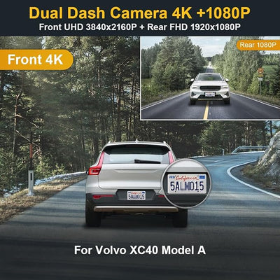 Fitcamx Front 4K+Rear 1080P Dash Cam Suitable for Volvo XC40 T4 T5 (Model A, Confirm Cover Shape), OEM Look, Dual Loop Recording, Built-in WiFi & APP, G-Sensor, Easy to Set, 128GB Card