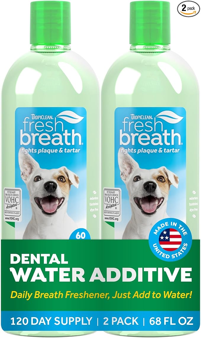 TropiClean Fresh Breath Water Additive for Dogs 2-Pack, 33.8oz Each — Dog Breath Freshener & Teeth Cleaning Solution, Better Value for Daily Use