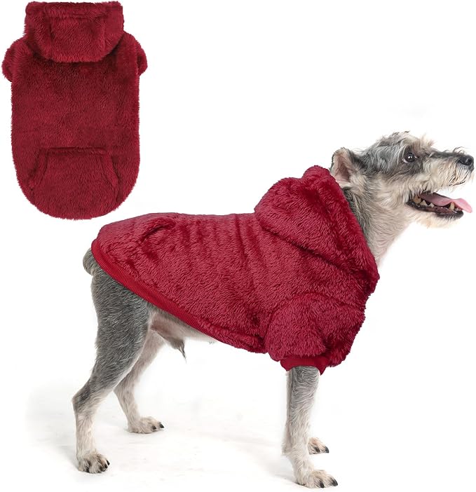 SCENEREAL Fleece Dog Sweaters Hoodie for Small Medium Large Dogs Girls Boys, Plush Fuzzy Dog Clothes Hoodies with Leash Hole, Winter/Fall Puppy Cold Weather Coat, Sherpa Hooded Sweatshirt, Burgundy S