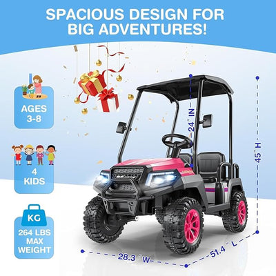 LIGIANT 24V Ride on Car for Big Kids, 4-Seaters Kids Golf Cart, Max. Capacity: 264 Lbs(4 Kids), 4WD Kid's Car w/Remote Control, Detachable Awning, Spring Suspension, Music/Story/Power Display