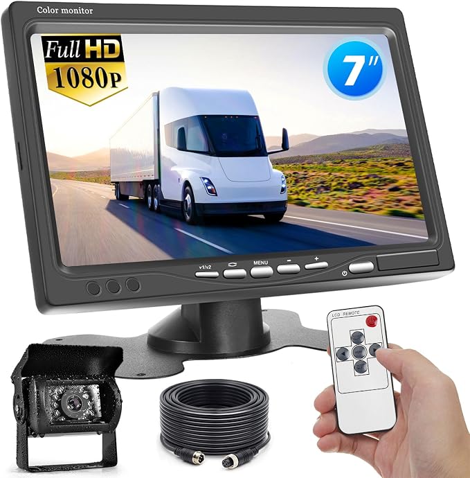 Hikity Vehicle Backup Camera 7" Monitor Kit | 18 IR Night Vision, Waterproof Rear View Camera, For RVs, Bus, Trailer, Truck, 65ft 4 Pins Aviation Extension Cable