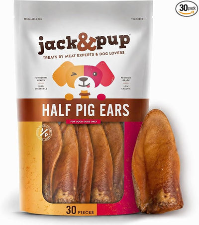 Jack&Pup Half Pig Ears for Dogs (30 Pack) - All Natural Single Ingredient Pigs Ears Halves - Premium Dog Ear Treat - Dog Chew Treats for Large and Small Breeds