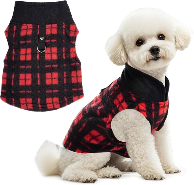 Rbenxia 1 PC Plaid Dog Sweaters with Leash Ring Soft Fleece Vest Dogs Pullover Warm Jacket Pet Dogs Clothes Winter Dog Outfits for Small Puppy Cat Pets (Black and Red, X-Small)