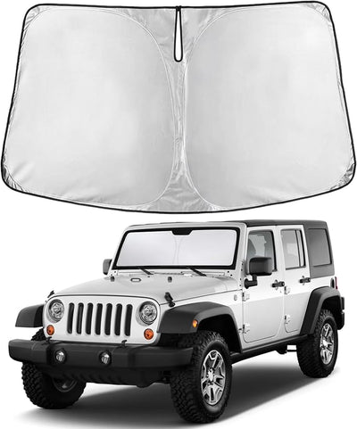 EcoNour Windshield Sunshade Compatible for Jeep Wrangler Rubicon Sahara TJ JK JKU2 4DOOR 1997-2015 2016 2017, Sun Visor for Front Windshield & Window Sun Shade Cover, UV Heat Blocker, Car Accessories