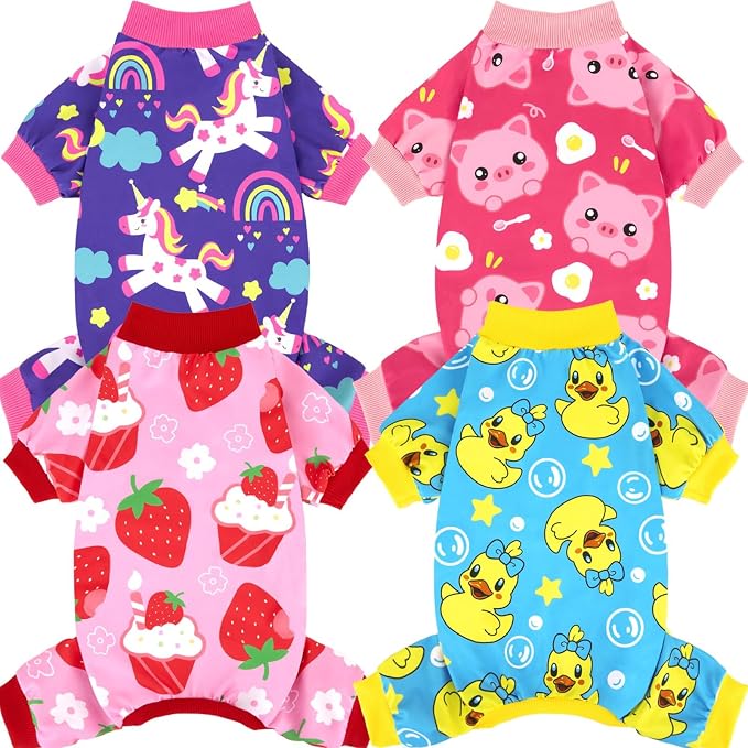 XPUDAC 4 Pieces Dog Pajamas Stretchy Dog Pjs Soft Cute Doggie Clothes for Small Medium Dogs Boy Girl Cats Pet Outfits