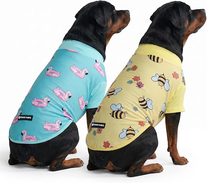 Spark Paws Sunblock Dog T-Shirt, SPF30 Protection, Lightweight Breathable Quick Dry for Dogs with Sensitive Skin - Bees & Flamingo (Set of 2) - Size 5XL