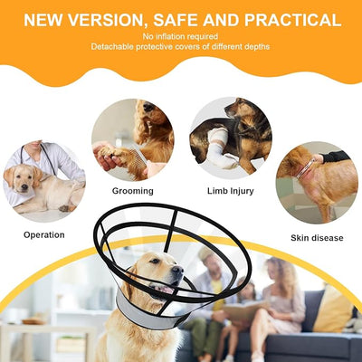 Sponge Core Dog Cat Cone Collar for After Surgery Recovery, Inflatable Dog Cone Alternative, Lainergie Dogs Donut Collar Adjustable with 2PCS Cover for Large Medium Small Dogs Cats (Grey+Yellow, XXL)