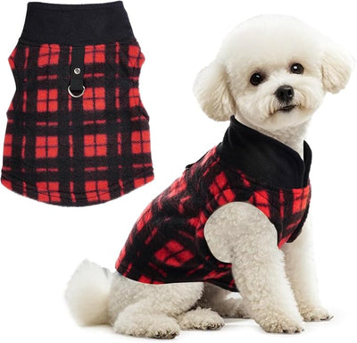 Rbenxia 1 PC Plaid Dog Sweaters with Leash Ring Soft Fleece Vest Dogs Pullover Warm Jacket Pet Dogs Clothes Winter Dog Outfits for Small Puppy Cat Pets (Black and Red, Large)