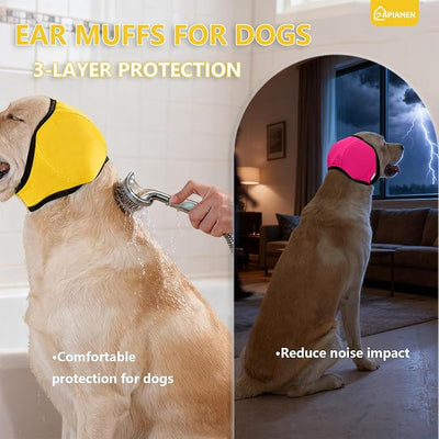 Dog Ear Covers,Dog Ear Muffs Noise Protection,No Flap Ear Wrap for Dogs Hematoma Recovery,Adjustable Calming Hoodie Shower Cap for Grooming,Bathing,Swimming & Anxiety Relief(Fuchsia&Yellow,S)