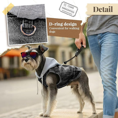 Cool Dog Jean Jacket Vest with D-Ring Black Denim Dogs Hoodies Outfits for Small Medium Dogs Cats Boy Male Dog Clothes Costume Dogggie Puppy Harness Coat for Frenchie Walking(Grey Hat,L)