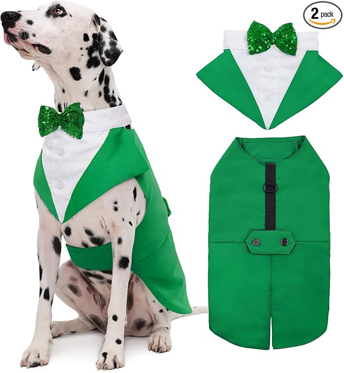 Kuoser St. Patrick's Day Tuxedo Suit and Bandana Set, Wedding Party Suit, Prince Bow Tie Shirt Formal Attire for Large and Medium Dogs, Golden Retriever Samo Bulldogs