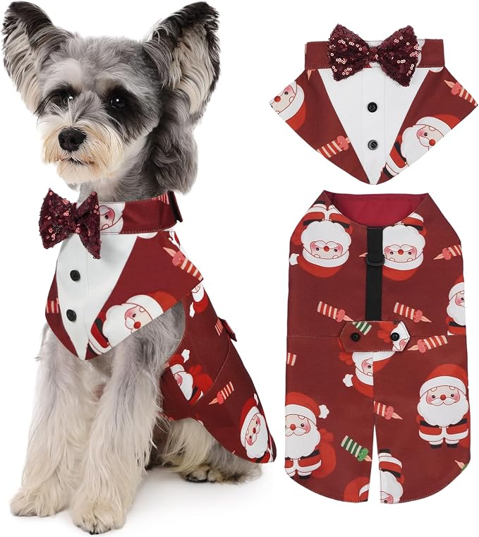 Kuoser Christmas Dog Tuxedo Dogs Suit and Bandana Set, Santa Claus Doggy Christmas Outfit Adjustable Pet Xmas Costume with Bow Tie for Large Medium Small Dogs Golden Retriever Samo Bulldogs, Red M