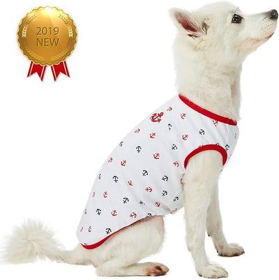 Blueberry Pet Soft & Comfy Summer Vacation Beach Cotton Dog T-Shirts, 2 Pack, Sea Lover Navy Sailor Shirts Tank Top Clothes, Back Length 12", for Small Medium Dogs