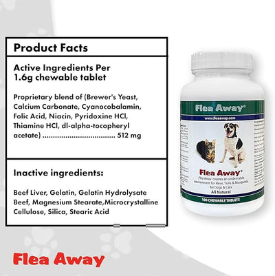 Flea Away All Natural Supplement for Fleas, Ticks, and Mosquitos Prevention for Dogs and Cats, 100 Chewable Treat Tablets, 2 Pack
