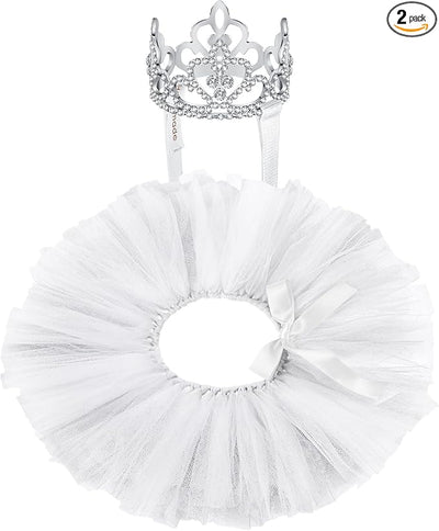 2 Pcs Dog Crown Headband Dog Tutu Dress Set Crystal Rhinestone Tiara Crown Tutu Skirt Pet Dress Costume for Puppy Birthday Party Wedding Photo Prop Costume(X-Large,White)