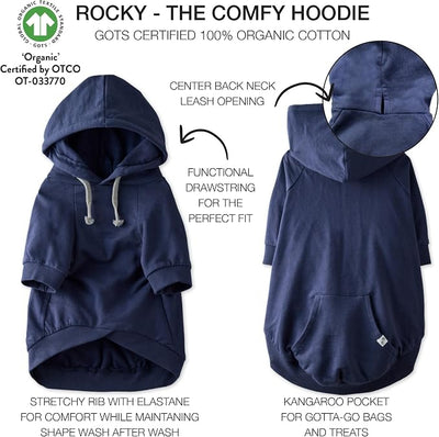 Pet Passion Rocky – The Original Lightweight Hooded Tee 100% Organic Cotton Dog Hoodie Pet Coat Sweater for All Sized Dogs, Navy, Large (40-60 lbs)