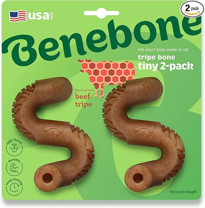 Benebone Tiny 2-Pack, Tripe Bone Durable Dog Chew Toy for Aggressive Chewers, Real Tripe, Made in USA