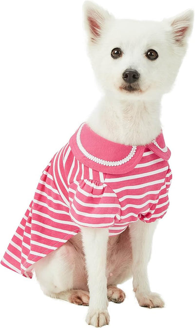 Blueberry Pet Sea Lover Rose Pink Striped Cotton Blend Dog Dress with Bowtie, Back Length 16", Pack of 1 Clothes for Dogs