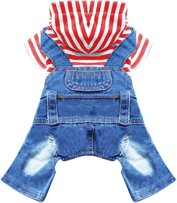 Small Dog Hoodie Clothes Cute Stripe Shirts Denim Jumpsuit One-Piece Outfit for Small Medium Dogs Cats Boy Girl Chihuahua Blue Jeans Overalls Puppy Costume (Red,M)