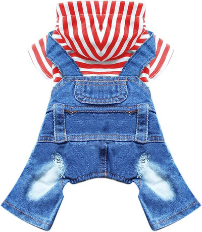 Small Dog Hoodie Clothes Cute Stripe Shirts Denim Jumpsuit One-Piece Outfit for Small Medium Dogs Cats Boy Girl Chihuahua Blue Jeans Overalls Puppy Costume (Red,XXL)