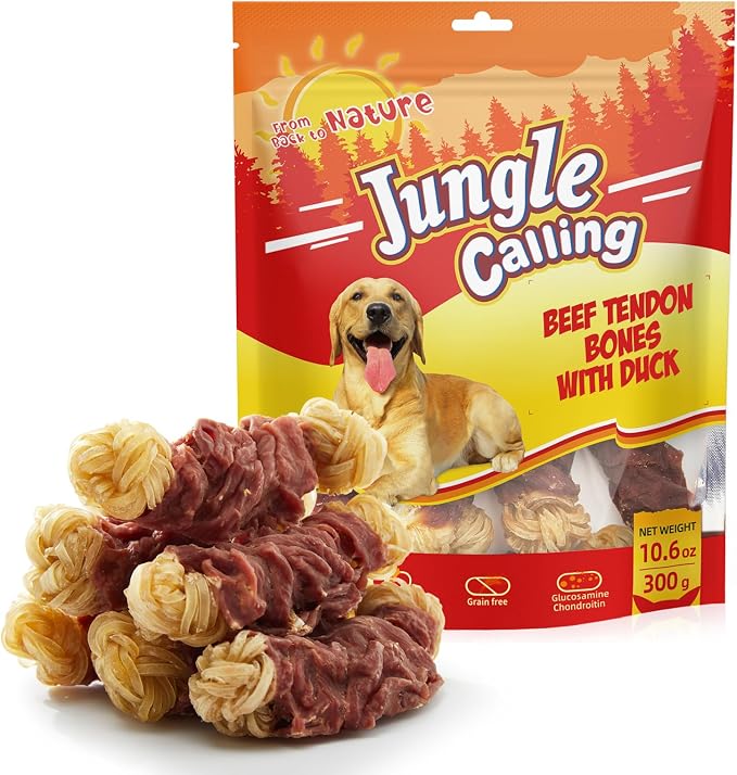 Jungle Calling Long Lasting Dog Chews for Medium Large Dogs, Duck Wrapped Beef Tendon Braid Bones - Rawhide-Free Hip and Joint Support Treats with Glucosamine
