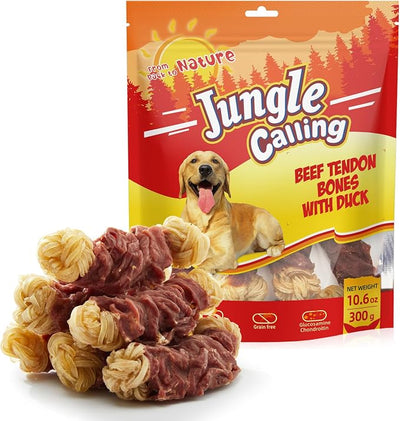 Jungle Calling Long Lasting Dog Chews for Medium Large Dogs, Duck Wrapped Beef Tendon Braid Bones - Rawhide-Free Hip and Joint Support Treats with Glucosamine