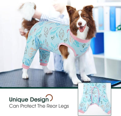 Kuoser Dog Recovery Suit with Anti Licking Rear Leg Sleeve, Dinosaur 4XL | Abdominal Dog Surgical Suit with Pants Cover Protect Wounds, Dogs Elbow Protector Soft Pet Surgery Onesie Cone Alternative
