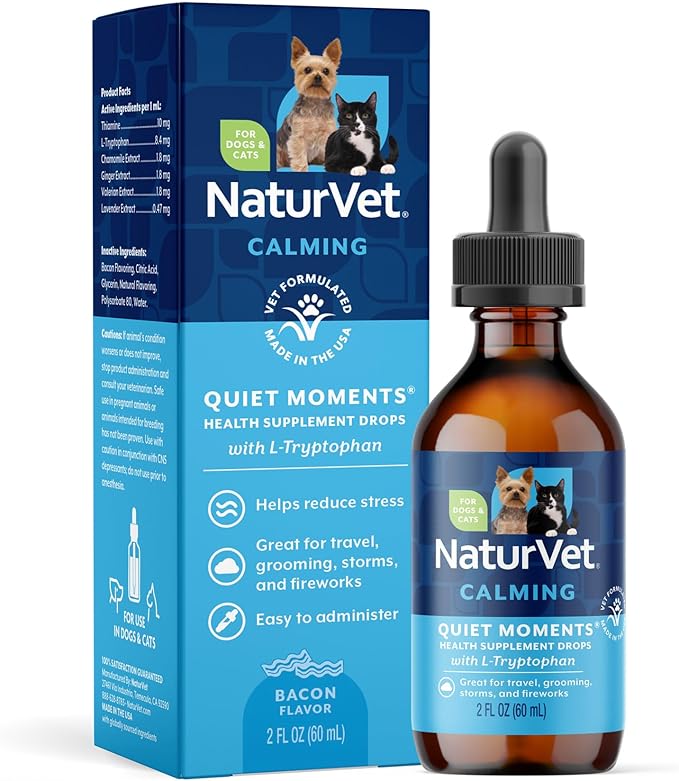 NaturVet Quiet Moments Calming Drops for Cats & Dogs – Helps Reduce Pet Stress, Promotes Relaxation – Dog Supplement, Cat Supplement Includes L-Tryptophan, Ginger, Chamomile – 2 Oz.