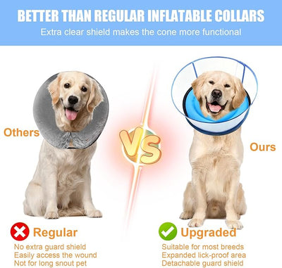 2-in-1 Soft Inflatable Dog Cone Collar Alternative with Enhanced Anti-Licking Guard Shield, Dog Collar After Surgery, Adjustable Recovery Cones for Large Medium Small Dogs and Cats(Blue, M+)