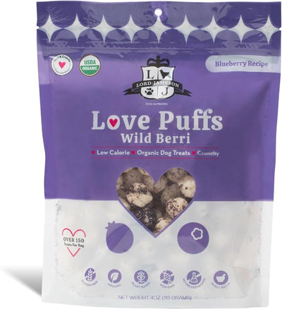 Lord Jameson Wild Berri | Light & Crunchy Love Puffs Collection | Organic Dog Treats, Blueberry Recipe, Gluten-Free, Preservative-Free, USDA Certified Organic. Made in USA