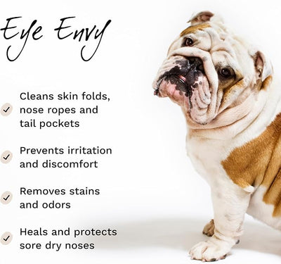 Eye Envy Bulldog Wrinkle Cleaner & Nose Care Kit. Bulldog Wrinkle Wipes, Tear Stain Powder, Applicator Brush & Dog Nose Balm. Cleans Skin Folds. Removes Stains. Helps Cracked Noses. Made in USA