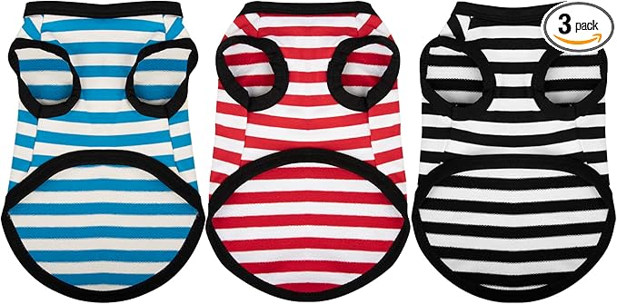 Paiaite 3-Piece Dog Striped Shirt Set - Light Color Cotton Sleeveless Tank Top - Breathable Pet Apparel - Small to Medium Dogs - Black, Red, Blue