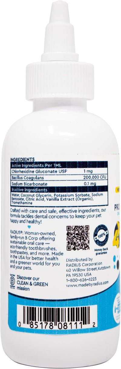 RADIUS OralPro+ Pet Probiotic Enzymatic Water Additive - Dog and Cat Dental Care Solution - Plaque & Tartar Defense Meal Supplement - Fresh Breath & Gut Health - Calming Vanilla, 4 Oz (Pack of1)
