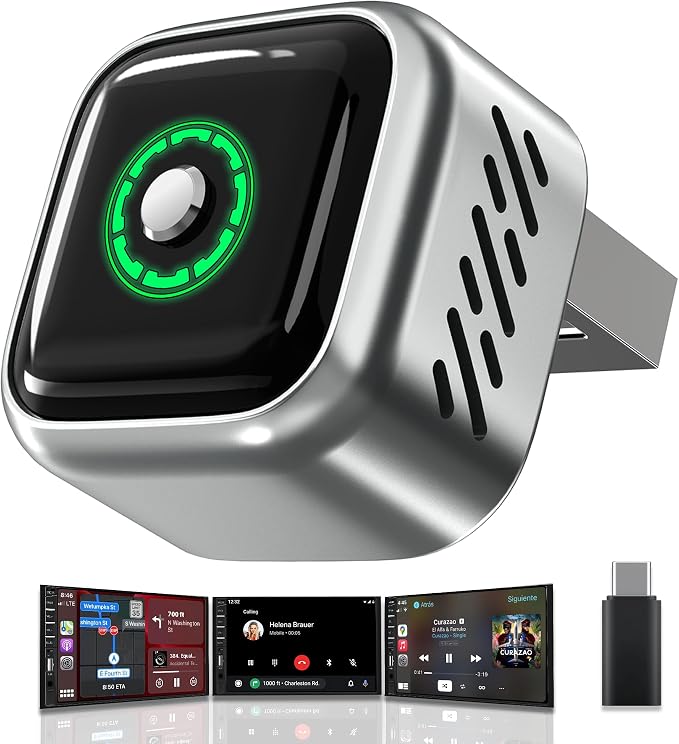 2026 Upgraded Wireless CarPlay Adapter with Buttons for Privacy Call & Two-Phone Fast Switch, Aluminum Cooling, Dual-Band WiFi, Mini Cable-Free, Compatible with Apple iPhone & Android Auto, Gray