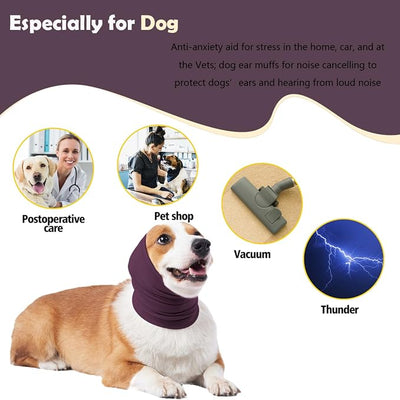 Dog Calming Hoodie Head Wrap,No Shake Anxiety Relief Quiet Thunder Vest for Dogs,Ear Protection Head Muffs for Grooming,Pet Covers for Fireworks,Vet Visits,Bathing,Purple,L