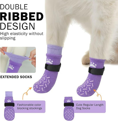 SCENEREAL Dog Socks to Prevent Licking Paws for Hot/Cold Pavement, Anti Slip High Top Dog Grip Socks for Hardwood Floors, Dog Shoes Booties&Paw Protector for Small Medium Large Senior Dog, Purple M