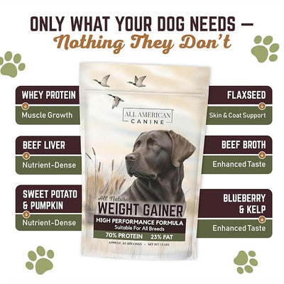 All American Canine Bulk Dog Weight Gainer – High Calorie Dog Food Supplement & Protein Powder for Rapid Weight Gain, Mass, and Recovery – Appetite Stimulant – 230 Servings
