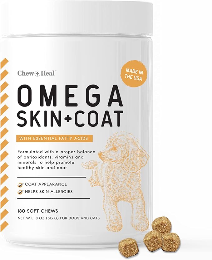 Omega 3 Fish Oil for Dogs - 180 Soft Chews for Itch Relief, Shedding & Hot Spots - Skin and Coat Supplement - Salmon Oil, EPA & DHA - Allergy Chews - Made in USA - Chew + Heal