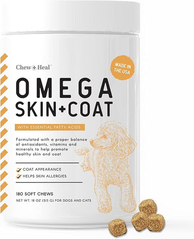 Omega 3 Fish Oil for Dogs - 180 Soft Chews for Itch Relief, Shedding & Hot Spots - Skin and Coat Supplement - Salmon Oil, EPA & DHA - Allergy Chews - Made in USA - Chew + Heal