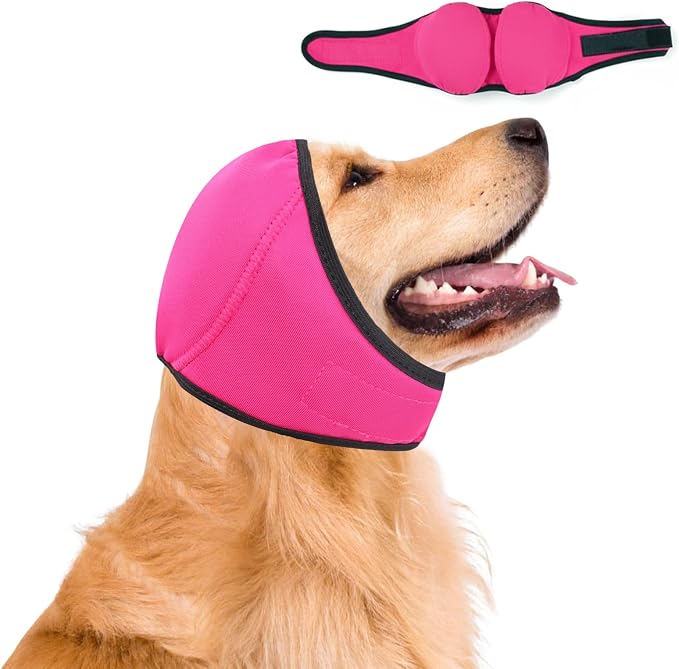 Dog Ear Muffs No Shake Ear Wraps for Dogs Ear Protection for Noise & Anxiety Relief Comfort Calming Hoodie, Protection Firework Grooming Bathing and Force Drying (Pink M)
