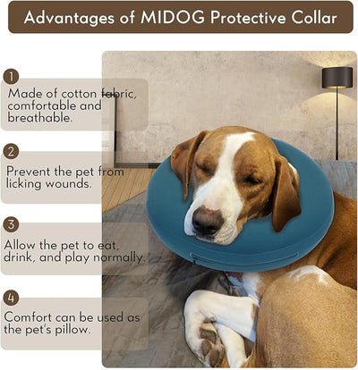 MIDOG Inflatable Dog Cone, Soft Donut Recovery Collar Alternative After Surgery to Help Prevent Licking, Comfy E Collar with Neck Pillow Design, Blue, L