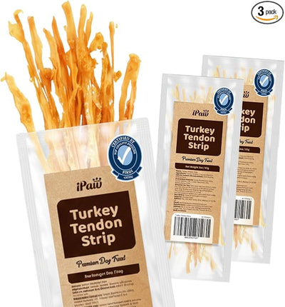 iPaw Turkey Tendons for Dogs 3 Packs, SQF Certified Human Grade Dog Treat, Single Protein, Hypoallergenic, Rawhide Alternative Dog Treats, Strip (Large)