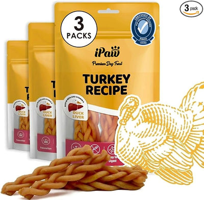 iPaw 3 Value Combo Turkey Dog Treats, SQF Certified Human Grade Dog Treat, Suitable for Training Chew, Hypoallergenic, Rawhide Alternative, Braided Stick (Duck Liver), 3 Packs