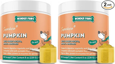 WONDER PAWS Organic Pumpkin for Dogs – with Apple, Sweet Potato & Enzymes – Supports Digestion, Stool & Gut Health – Use as Fiber Topper or Mix with Water for Pumpkin Puree (Pack of 2)