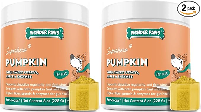 WONDER PAWS Organic Pumpkin for Dogs – with Apple, Sweet Potato & Enzymes – Supports Digestion, Stool & Gut Health – Use as Fiber Topper or Mix with Water for Pumpkin Puree (Pack of 2)