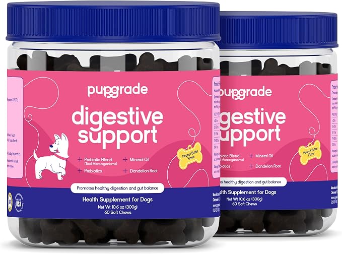 PupGrade Digestive Support for Dogs - Prebiotic + Probiotic Supplement with Enzyme Blend - Gut and Immune Support - Pumpkin, Blueberry, Mineral Oil, Peanut Butter Flavor - 120 Soft Chews