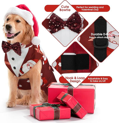 Kuoser Christmas Dog Tuxedo Dogs Suit and Bandana Set, Santa Claus Doggy Christmas Outfit Adjustable Pet Xmas Costume with Bow Tie for Large Medium Small Dogs Golden Retriever Samo Bulldogs, Red M