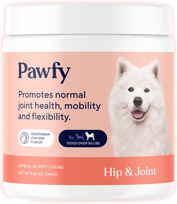 Pawfy Hip & Joint Supplement for Dogs with MSM & Vitamins | Glucosamine Chondroitin for Small, Medium & Large Breed - Supports Mobility & Bones with Omega 3 | 30 Chews (Large)
