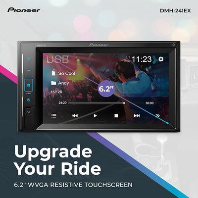 Pioneer DMH-241EX 6.2" Resistive Touchscreen, Double Din – Bluetooth, Backup Camera, AM/FM Radio, USB, FLAC Playback, Short Chassis, 13-Band EQ, 50W x 4 Output