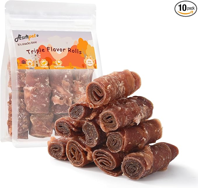 Rawhide Free Dog Treats, Triple Flavor Chicken Wrapped Duck and Beef Rolls, Healthy Dog Snacks